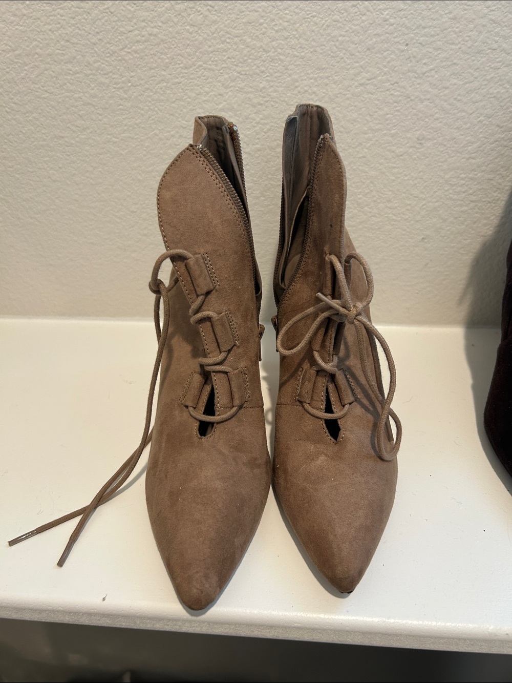 XOXO Taupe Suede Lace-Up Pointed Ankle Boots